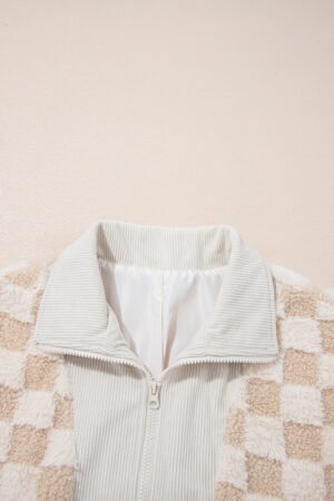 Khaki Checker Sherpa Corduroy Patchwork Zip up Collared Jacket - Image 17