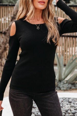 Black Ribbed Knit Cold Shoulder Sweater - Image 15