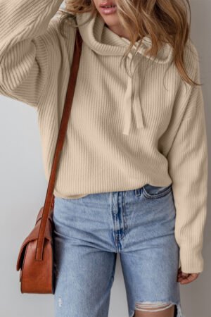 Beige Solid Color Drawstring Hooded Drop Shoulder Pullover Sweater - Image 5