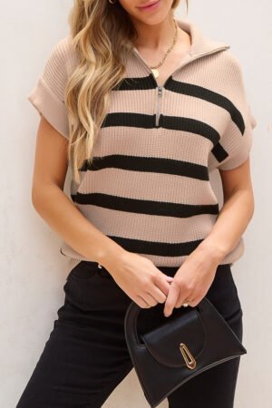 Khaki Stripe Zipped Collar Short Sleeve Sweater - Image 6