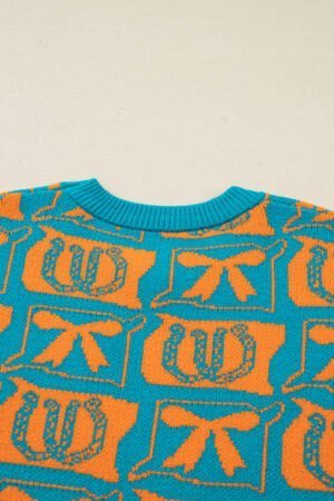Light Blue Bows & Horseshoes Pattern Western Fashion Print Sweater - Image 9