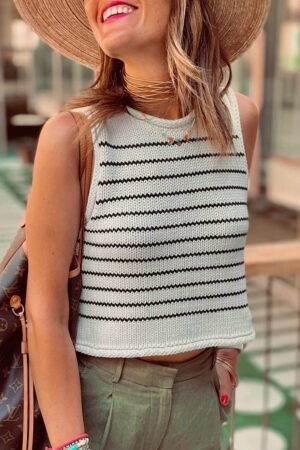 Black Stripe Raw Edge Crew Neck Knitted Vest - Image 5