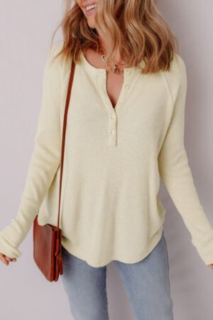 Oatmeal Textured Knit Half Buttons Henley Top - Image 5
