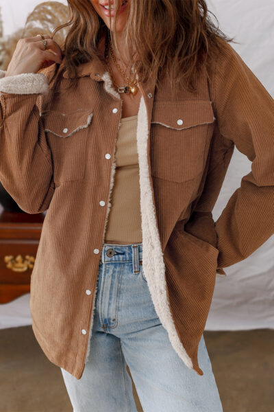 Cinnamon Fleece Lined Buttoned Flap Pockets Corduroy Jacket