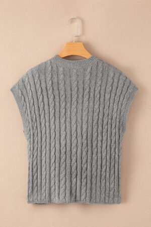 Gray Crew Neck Cable Knit Short Sleeve Sweater - Image 7