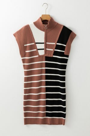Black Stripe Color Block Quarter Zip Collar Short Sleeve Sweater Dress - Image 6