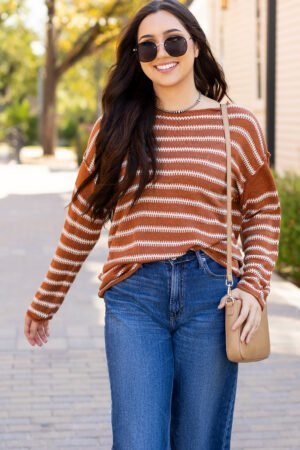 Brown Stripe Drop Shoulder Casual Sweater - Image 4