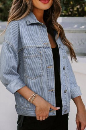 Sky Blue Stripe Washed Oversize Pocketed Denim Jacket - Image 6
