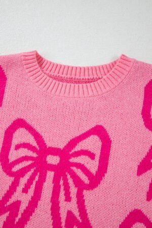 Pink Bow Pattern Drop Shoulder Loose Sweater - Image 7