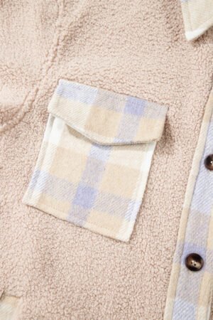 Smoke Gray Plaid Patchwork Collared Button-up Sherpa Long Coat - Image 8