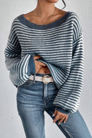 Sail Blue Striped Lantern Sleeve Drop Shoulder Cozy Sweater - Image 4