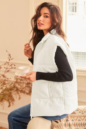 Beige Zipper Stand Neck Oversized Puffer Vest - Image 5