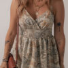 Khaki Paisley Printed Spaghetti Strap V Neck Smocked Babydoll Tank Top