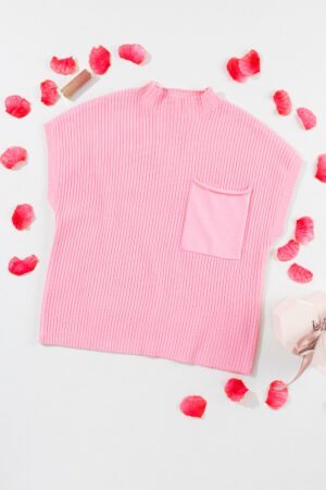 Pink Patch Pocket Ribbed Knit Short Sleeve Sweater - Image 6