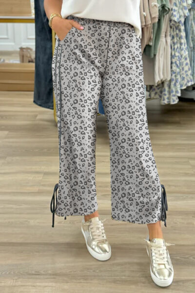 Gray Leopard High Waist Side Bow Straight Leg