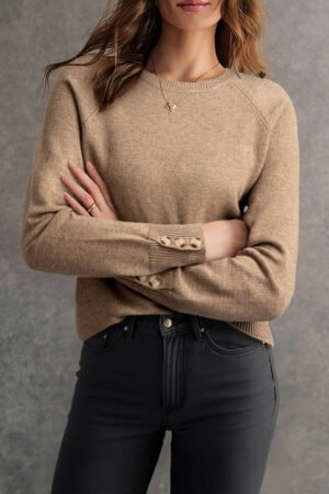 Camel Buttoned Bishop Sleeve Crew Neck Sweater - Image 3