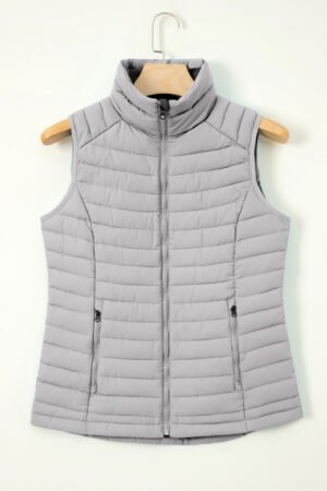 Silvery Plush Collared Quilted Zipped Puffer Vest - Image 6
