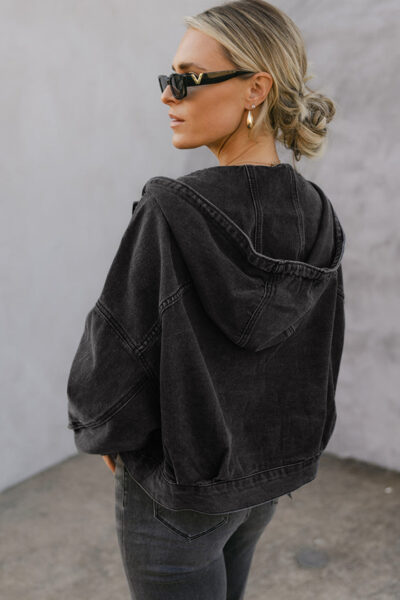 Black Big Chest Pocket Drop Shoulder Hooded Denim Jacket
