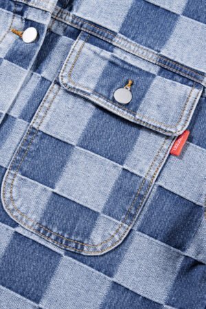 Light Blue Checkered Patchwork Button up Denim Jacket - Image 7