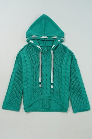 Sea Green Cable Knit V Neck Contrast Drawstring Hooded Sweater - Image 5