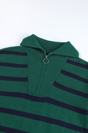 Green Striped O-ring Zip Collared Loose Sweater Mini Dress - Image 5