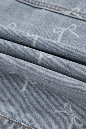 Sky Blue Bow Knot Print Light Wash Raw Hem Denim Jacket - Image 6