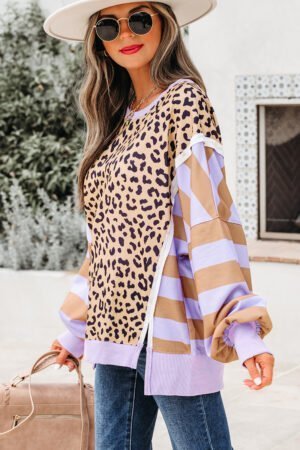 Purple Stripe Color Block Patchwork Leopard Casual Sweatshirt with Slits - Image 3