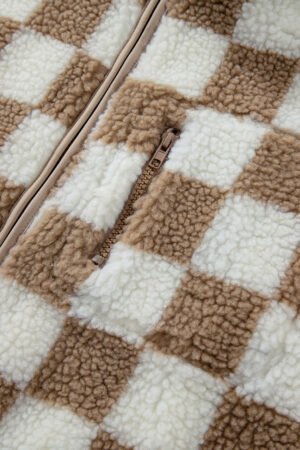 Khaki Checkered Sherpa Collared Jacket Vest - Image 7