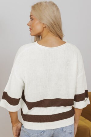 Brown Striped Accent Notched V Neck Cropped Sweater T Shirt - Image 3