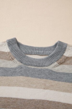 Gray Stripe Color Block Ribbed Edge Round Neck Sweater - Image 7