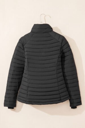 Black Solid Color Quilted Zip-up Puffer Jacket - Image 5