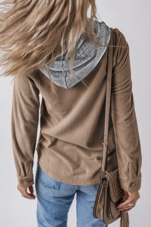 Pale Khaki Hooded Drawstring Pockets Corduroy Shacket - Image 2