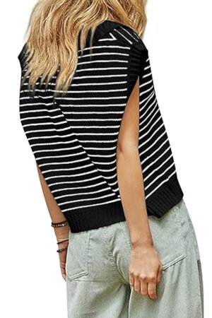 Black Stripe Turn-down V Neck Sweater Tank Top - Image 3