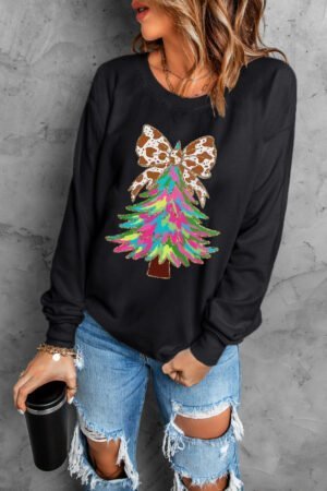 Black Bowknot Christmas Tree Shiny Graphic Sweatshirt - Image 4