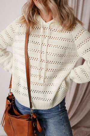 White Pointelle Knit Raglan Sleeve Hooded Sweater - Image 3