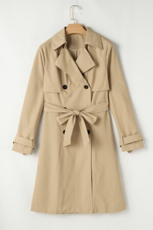 Pale Khaki Solid Color Lapel Collar Waist Tie Wind Coat - Image 6
