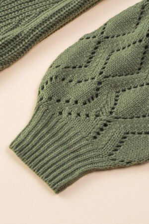 Green Hollow-out Puffy Sleeve Knit Sweater - Image 7