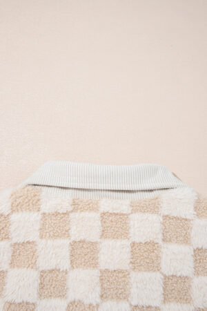 Khaki Checker Sherpa Corduroy Patchwork Zip up Collared Jacket - Image 18