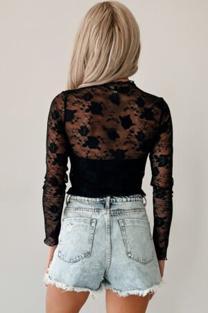 Black Sheer Floral Lace Mesh Mock Neck Long Sleeve Top - Image 2