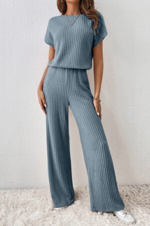 Dusk Blue Ribbed Keyhole Short Sleeve Wide Leg Jumpsuit - Image 3