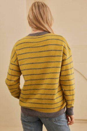 Yellow Stripe Daisy Floral Knitted Round Neck Sweater - Image 3