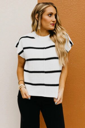 White Striped Batwing Sleeve Sweater Tee - Image 5