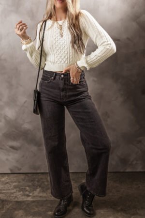 White Cable Knit Cropped Sweater - Image 5