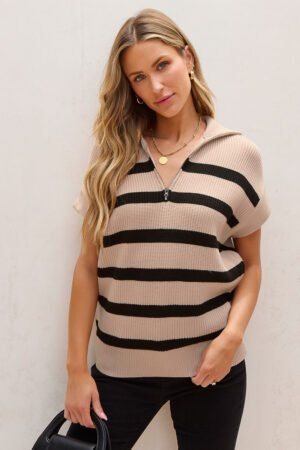 Khaki Stripe Zipped Collar Short Sleeve Sweater - Image 5