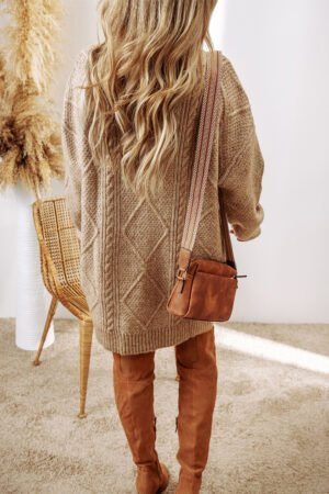 Parchment Cable Knit Drop Shoulder Loose Fit Sweater Dress - Image 3