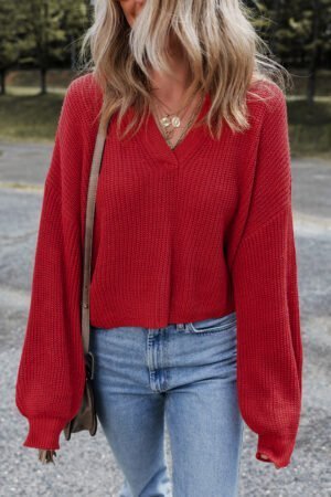 Racing Red Solid Textured Knit V Neck Drop Shoulder Sweater - Image 6