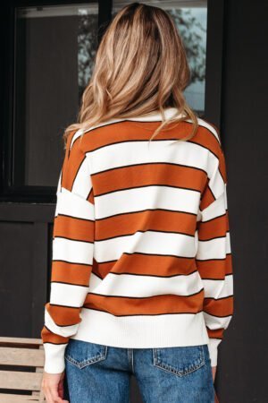 Brown Stripe Ribbed Polo Collar Drop Shoulder Sweater - Image 10