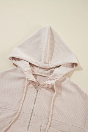 White Corduroy Drawstring Hooded Pocket Zip Up Jacket - Image 6