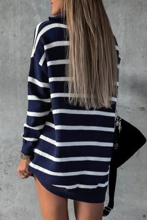 Blue Striped O-ring Zip Collared Loose Sweater Mini Dress - Image 3