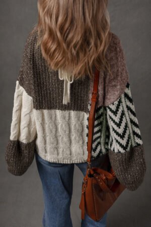 Brown Color Block Patchwork Knotted Back Loose Fit Sweater - Image 2
